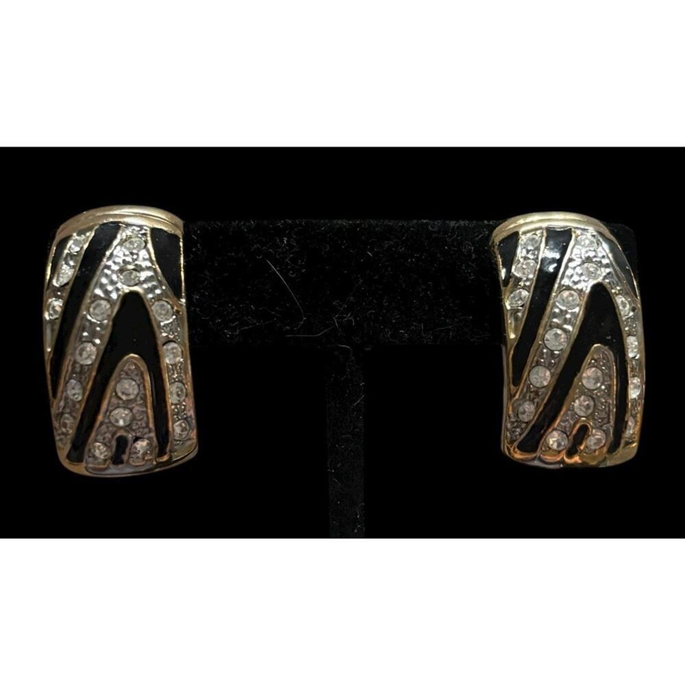 Black Enamel Rhinestone Earrings animal print gold tone 1980s clip on
